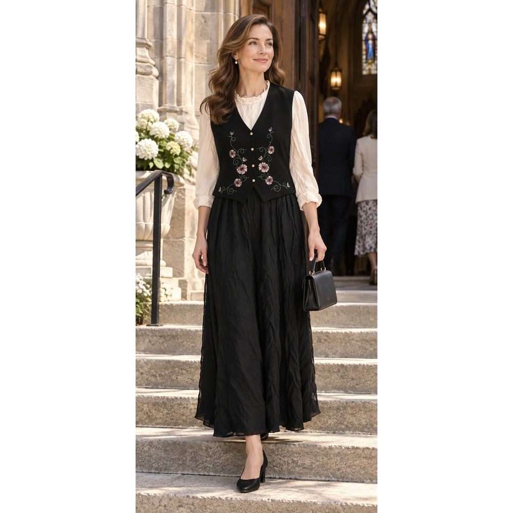 Allison-Che Midi Dress Womens 12 Black Cream Excellent Floral Embroidered Vest